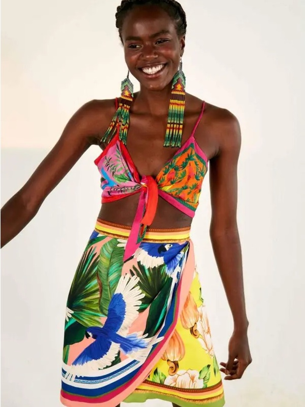 FARM Rio Bright Multi Tropical Parrot Wrap Midi Skirt